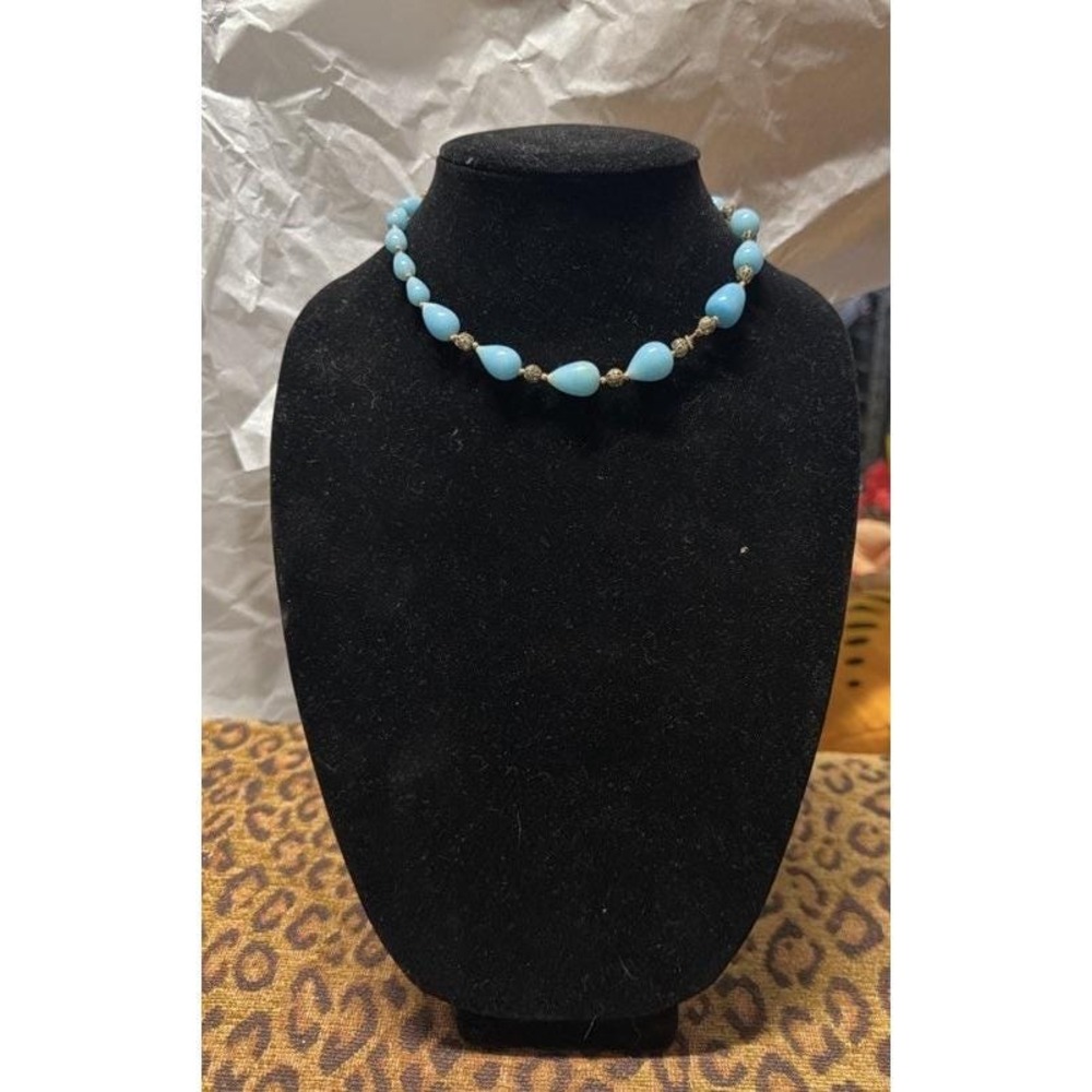 Antique Art Deco Blue Glass Teardrop Necklace Filigree Beads 15" Czech Style